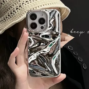 Coque de téléphone 3D effet froissé argenté électroplaqué de luxe pour <span class=keywords><strong>iPhone</strong></span> 17 16 15 14 <span class=keywords><strong>13</strong></span> 11 12 17 Pro Max Air, motif ondulations <span class=keywords><strong>d</strong></span>'<span class=keywords><strong>eau</strong></span>, antichoc - Product Image 3