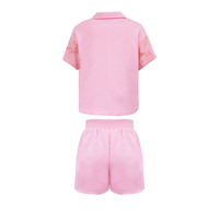 Conjunto de Dos Piezas para Niñas de Poliéster/Algodón, Camisa de Manga Corta con Estampado Floral Cubano y Pantalones Cortos, Diseño Personalizable, Antiencogimiento, Alta Calidad