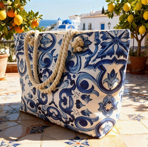 กระเป๋าหิ้วชายหาดลายครามสีน้ำเงินขาว PEIQUAN ขายดี กระเป๋าช้อปปิ้งสำหรับผู้หญิง จุของได้เยอะ มีหูหิ้ว เหมาะสำหรับวันหยุดพักผ่อน - Product Image 2