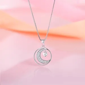 Saint Valentin Romantique Femmes 925 Sterling Silver "I Love You" En forme de coeur Lune Pendentif Collier pour Femmes Bijoux Cadeaux