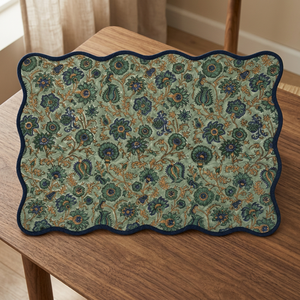 Mantel Rectangular de Tela de Algodón con Estampado Floral Oriental Clásico de Alta Calidad, Antideslizante, Ecológico y Personalizable, Verde Azul - Product Image 2