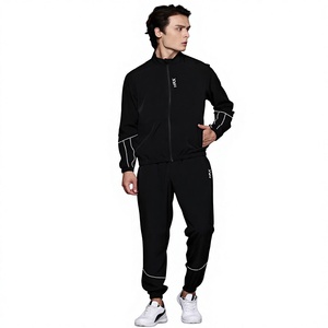 Ensemble de survêtement décontracté noir pour homme, éco-responsable, avec fermeture éclair intégrale, respirant, en polyester, deux pièces, coupe classique, pour l'automne - Product Image 1