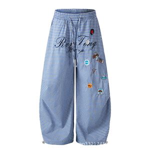 Pantalon large à carreaux bleus avec patchs, taille élastique, coupe décontractée, longueur cheville, style été pour femme - Product Image 1