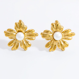Fashion Stud <b>Earrings</b> Flower Shape Pearl Inlay Stainless Steel Ear <b>Post</b> Gold Silver Color For Women Jewelry EH11129 - Product Image 5