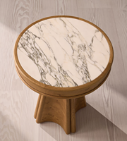 Table basse circulaire moderne avec plateau en marbre poli et structure en bois massif pour l'ameublement de la maison