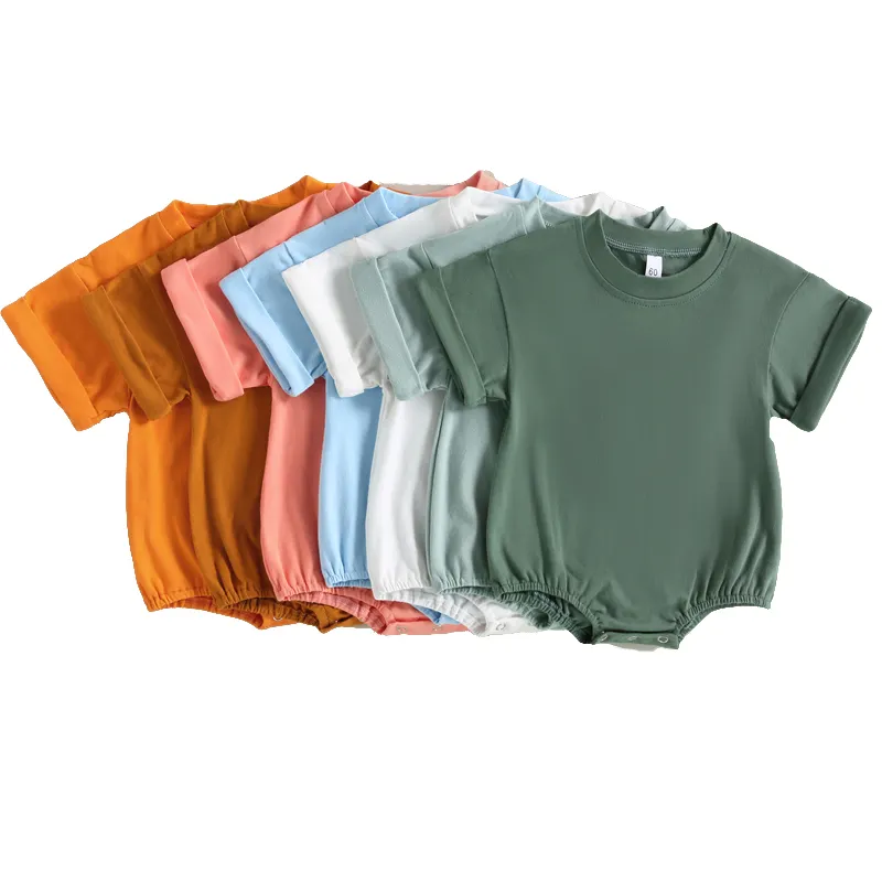 2024 grosir pakaian kosong musim panas Romper gelembung bayi uniseks lengan pendek warna Solid kaus bayi laki-laki ukuran besar Romper gelembung