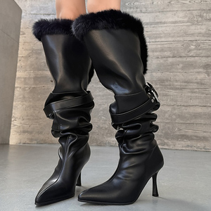 Women Belt Buckles Baggy Shoes High Heels Pointed Toe Stiletto Top Wide Cut Knee High Boots Pleated Fur Upper <b>Long</b> Booties - Product Image 2