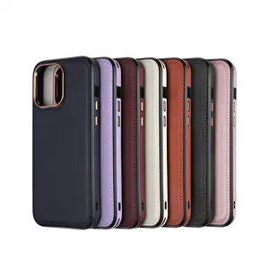 Casing kulit PU iPhone 15 Pro 11 12 13 14, sarung HP bingkai kamera logam aksesori ponsel kulit