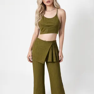 Green Dimple Original casual clothing suede Tank Crop Top vest and Skirts Pants 2 pieces Sets Fashion Street wear Set