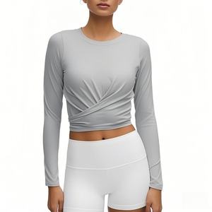 Veste de yoga sur mesure à bas prix, manches longues, coton premium, taille plus, t-shirt de fitness écologique pour femmes - Product Image 6