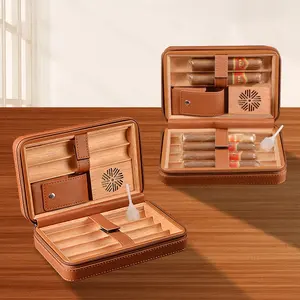 Factory Wholesale Cigar Travel Humidor Cedar Wood Leather Cigar Case With Cigar Accessories Gift Set