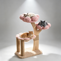 Arbre à chat BloomPod 96 cm de luxe moderne avec 4 niveaux, perchoirs en peluche rose, bol en acrylique transparent, poteaux en sisal, jouet nuage et garniture en fourrure