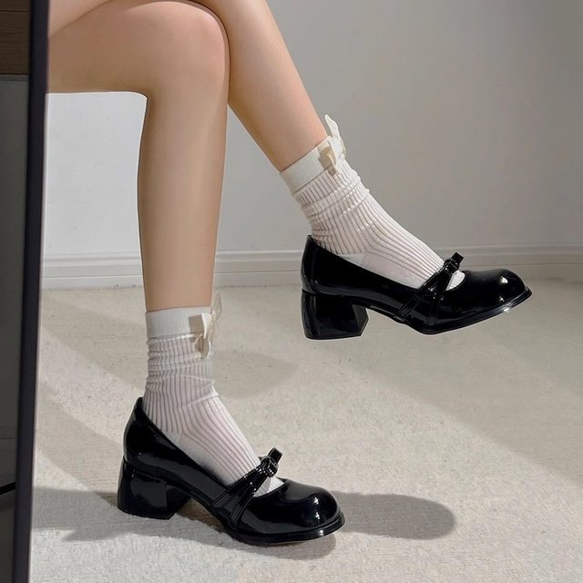 Women's 2025 Spring New Arrival JK Shoes Sweet Cool Style Patent Leather Mid-Heel Mary Jane Shoes PU Bow Shallow-Mouth Round-Toe
