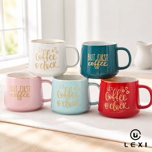 Set di Tazze da Caffè in Porcellana Pastello con Bordo Dorato, Citazioni in Lamina d'Oro, Cinque Colori: Bianco, Turchese, Rosa, Acqua, Rosso, 350ml, Adatte al Microonde, per Feste - Product Image 1