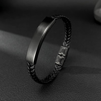 Bracelet en cuir tressé noir pour homme avec fermoir vintage en acier inoxydable noir, accessoires de mode, vente en gros