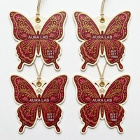 Étiquette promotionnelle personnalisée en papier écologique en forme de papillon, estampage à chaud, impression recto-verso, vernis UV pour les fêtes