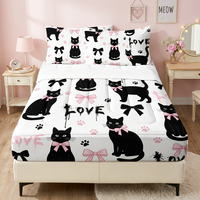 Juego de Ropa de Cama con Cierre y Estampado de Gato Negro y Lazo Rosa, Edredón Acolchado con Sábana Ajustable para Decoración de Dormitorio de Adolescentes