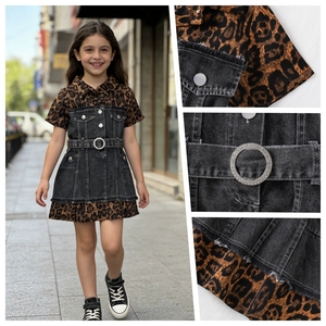 Nuovo <span class=keywords><strong>Vestito</strong></span> di Jeans alla Moda per Ragazze con Patchwork, Maniche Corte con Volant e Stampa Leopardata, Abito Casual in Denim - Product Image 2