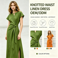 Robe décontractée vintage brodée en lin à taille naturelle, coupe trapèze asymétrique avec col à nouer, personnalisable OEM/ODM pour femme