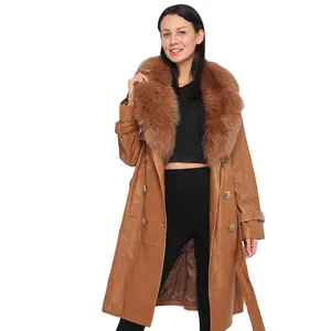 Manteau long en cuir d'agneau de renard véritable pour femmes, col en cuir véritable, grand col en fourrure de renard véritable
