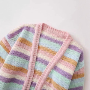 Cardigan tricoté à rayures arc-en-ciel pour femmes, manteau pull couleur bonbon en coton pour petites femmes - Product Image 3