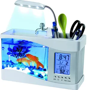 아마존 뜨거운 판매 데스크탑 USB 물고기 집 애완 동물 물고기 탱크 LED 미니 물고기 수족관 키트