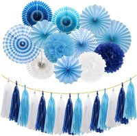 Décorations de fête bleues : éventails en papier suspendus, pompons, fleurs, guirlande de pompons en tissu pour anniversaire d'enfants, baby shower, fournitures de décoration