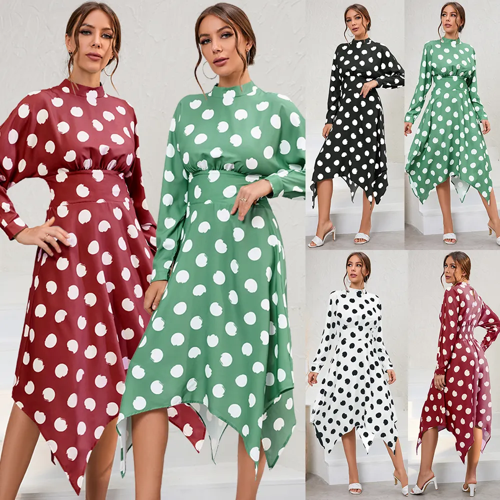 Robe à pois irrégulière à manches longues pour femme, vêtement décontracté, commerce extérieur, nouvelle collection automne et hiver 2024