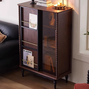 French Style <b>Solid</b> <b>Wood</b> <b>Bookcase</b> With Glass Doors 2 Compartments Storage Living Room Cabinet Vintage Display Cabinet - Product Image 2