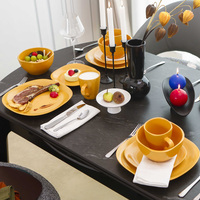 Service de vaisselle carré jaune 16 pièces pour 4 personnes, assiettes artisanales jaune moutarde, résistantes aux rayures