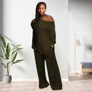 Ensemble deux pièces décontracté pour femme, chemisier fendu grande taille et pantalon large, tenue de détente - Product Image 6