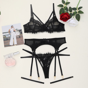 Conjunto de lencería de 3 piezas de encaje negro para mujer al por mayor, sujetador de malla transparente, liguero y tanga, ropa interior íntima sexy para mujer OEM ODM - Product Image 6