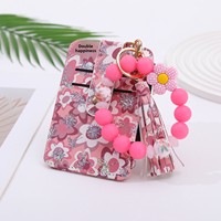 Gelang Kunci Kulit Motif Bunga Bohemian Gaya Baru dengan Gantungan Kunci, Tempat Kartu, Manik-Manik Silikon, dan Dompet