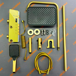 Ensemble de douche en aluminium avec affichage numérique, finition dorée, pommeau de douche rectangulaire à effet pluie, écran LED de température, robinet mélangeur thermostatique - Product Image 4
