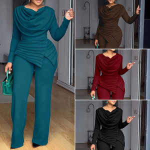 Ensemble pantalon pour femmes grandes tailles BYJ658, haut décontracté à col en V froncé et pantalon évasé, ensemble deux pièces pour femmes, tenues pour femmes - Product Image 2