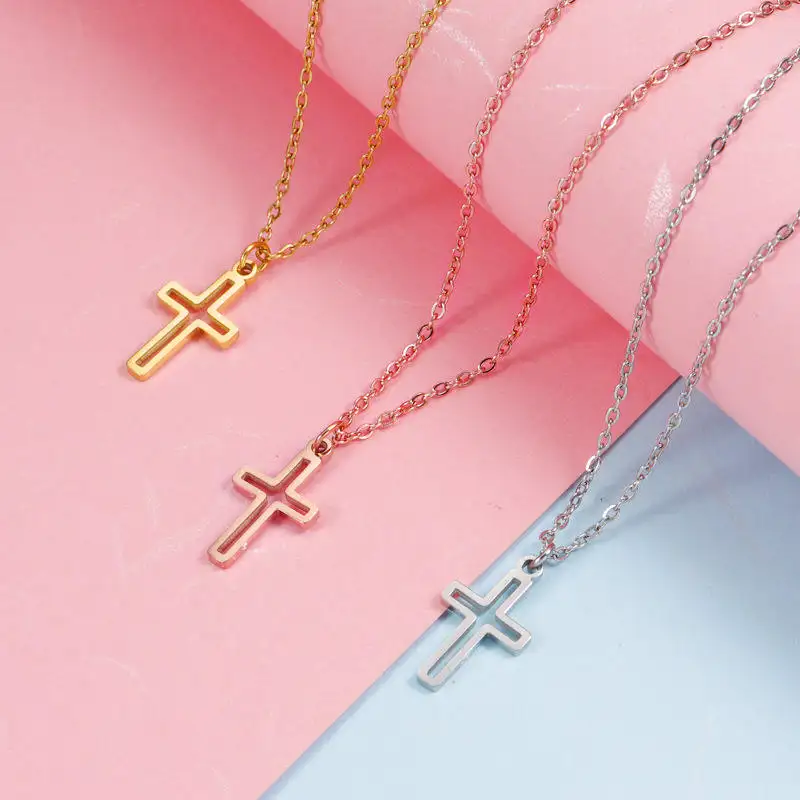 High quality Religious Jewelry Stainless Steel Cross Pendant Necklace 18K Gold Plated Hollow Cross Steel Necklace for man woma
