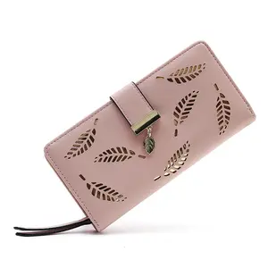 Модный дизайнерский кожаный Длинный кошелек с позолоченными листьями и кнопками, декоративный кошелек, качественный женский ручной кошелек с держателем для карт