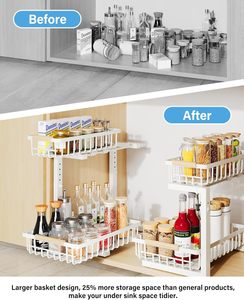Double Tier <b>Standing</b> Kitchen Alloy Steel Sink Storage Shelves Height Adjustable Pull Cabinet Organizer Eco-Friendly - Product Image 3