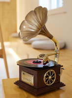 Tocadiscos de gramófono Retro, Tocadiscos, fonógrafo Vintage todo en uno con bocina de cobre de 3,5mm, Material de vinilo de salida USB incorporado