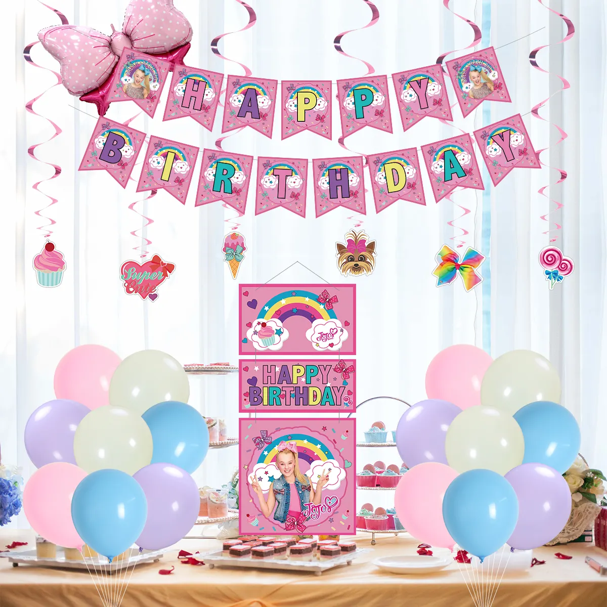 Новый декорированный набор со звездами Джоджо Сива в стиле детского дня рождения с галстуком-бабочкой воздушные шары радужные флаги и спирали