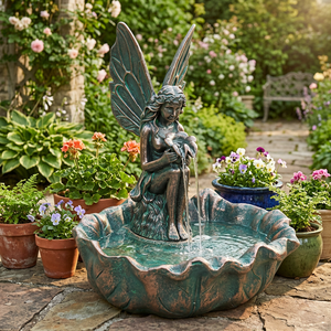 Fontana Solare da Giardino a Forma di Angelo Fata, 14 Pollici, Autoportante, Flusso d'Acqua Regolabile, Costruzione in Resina Resistente - Product Image 1