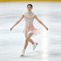 Robe de patinage artistique rose à col haut et manches longues, en tissu maillé avec strass pour enfants et adultes, pour compétitions et spectacles sur glace