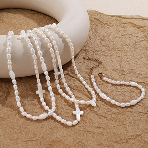 Freshwater Pearl Necklace <b>Set</b> With Cross Pendant Imitation Pearl Women's Fashion Jewelry Stainless Steel 18K Gold Plated - Product Image 1