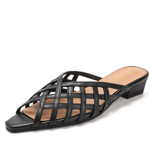 Mules et sandales décontractées pour femmes, à bout carré, à talon carré bas, ajourées et tissées, noires, dorées, marron, pour un usage quotidien, style chic - Product Image 4