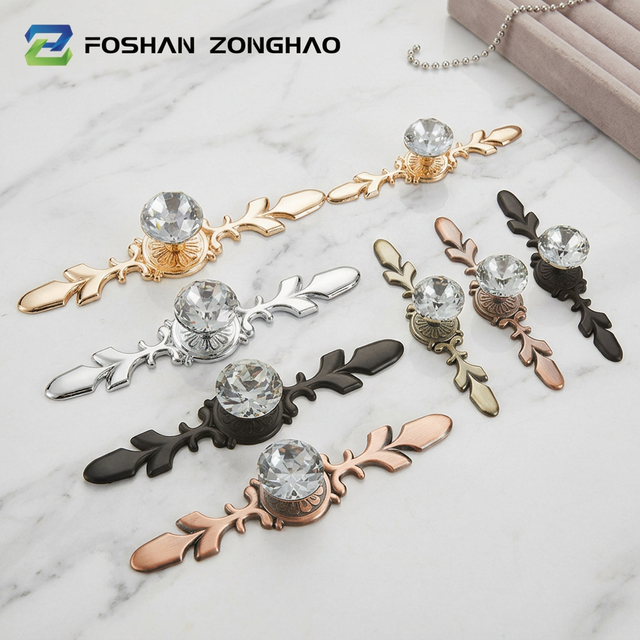 Single Hole Furniture Handles Knobs Cabinet Wardrobe Door Leaf Shape Zinc Alloy Cabinet Handle Crystal Pull Handle