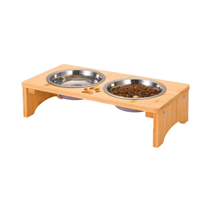Bambu Pet <span class=keywords><strong>Stand</strong></span> com antiderrapante <span class=keywords><strong>Dog</strong></span> <span class=keywords><strong>Bowl</strong></span> Aço Inoxidável Material impermeável Design Eco-Friendly madeira portátil - Product Image 1