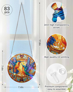 Attrape-soleil moderne en verre teinté avec colibris et cristaux artificiels, décoration ronde à suspendre pour fenêtre, pour la maison et le jardin - Product Image 2