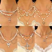 Collier ras du cou vintage superposé avec perles, pendentif croix, cœur et papillon, bijoux pour femme, idéal pour fêtes et mariages, vente en gros
