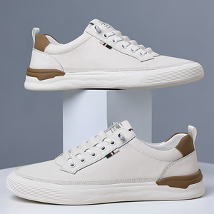 Chilowa Men's Breathable Cowhide Casual Leather Shoes <b>White</b> Sneakers Low <b>Heel</b> Rubber Outsole Leisure Wear - Product Image 1