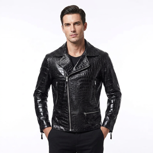 Men's Customizable <b>Black</b> Embossed PU Leather Canvas Moto <b>Jacket</b> Turn-Down Collar Zipper Closure Slim Fit Reversible Windproof - Product Image 1